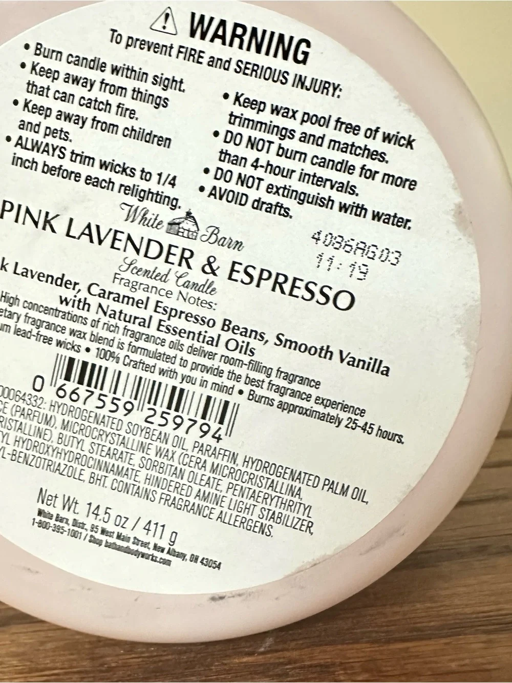 White Barn Pink Lavender & Espresso 3 -Wick Candle - Bath & Body Works 14.5 oz